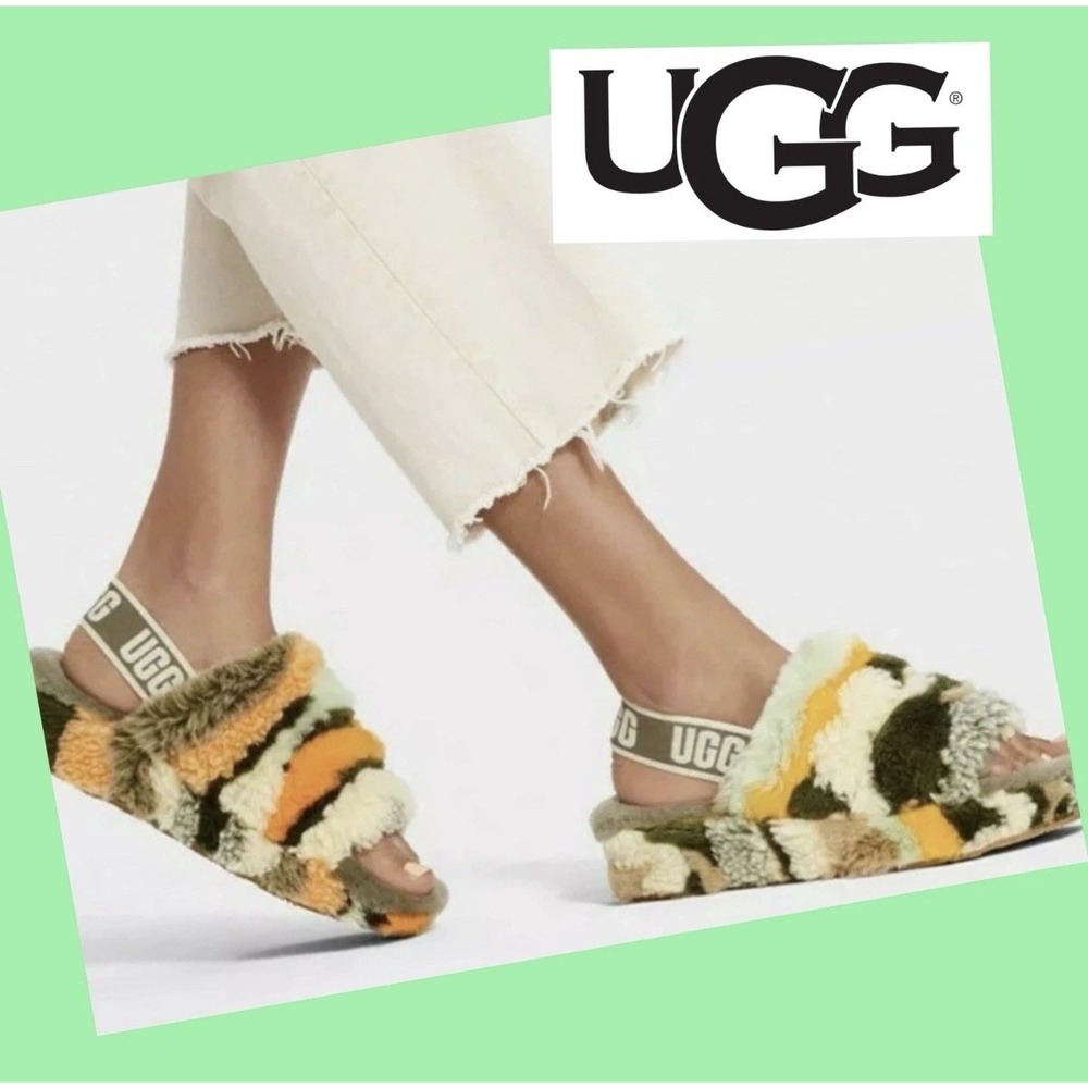 UGG Womens 8 Fluff Yeah Slide Fuzzy Sherpa Slipper Sandal Cali Collage Olive
